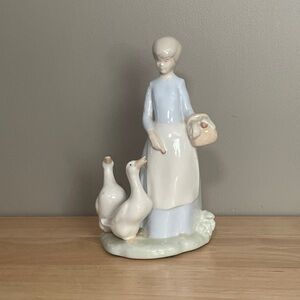 Vintage Ceramic Hobby Piece Woman and geese Lladro Style Sculpture